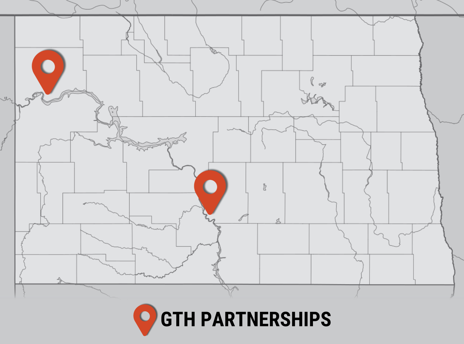 Map of North Dakota with pins on Williston and Bismarck indicating GTH partnerships