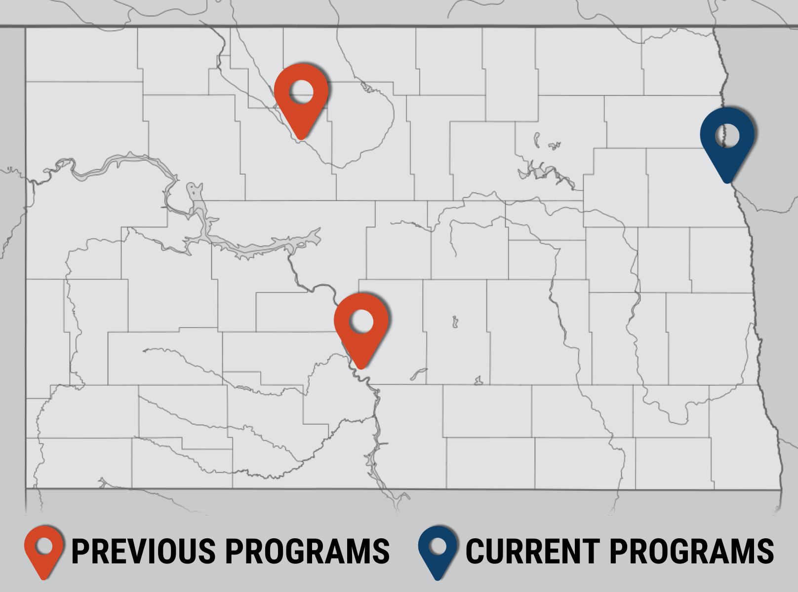 Map of North Dakota with pins on Grand Forks, Minot, and Bismarck.