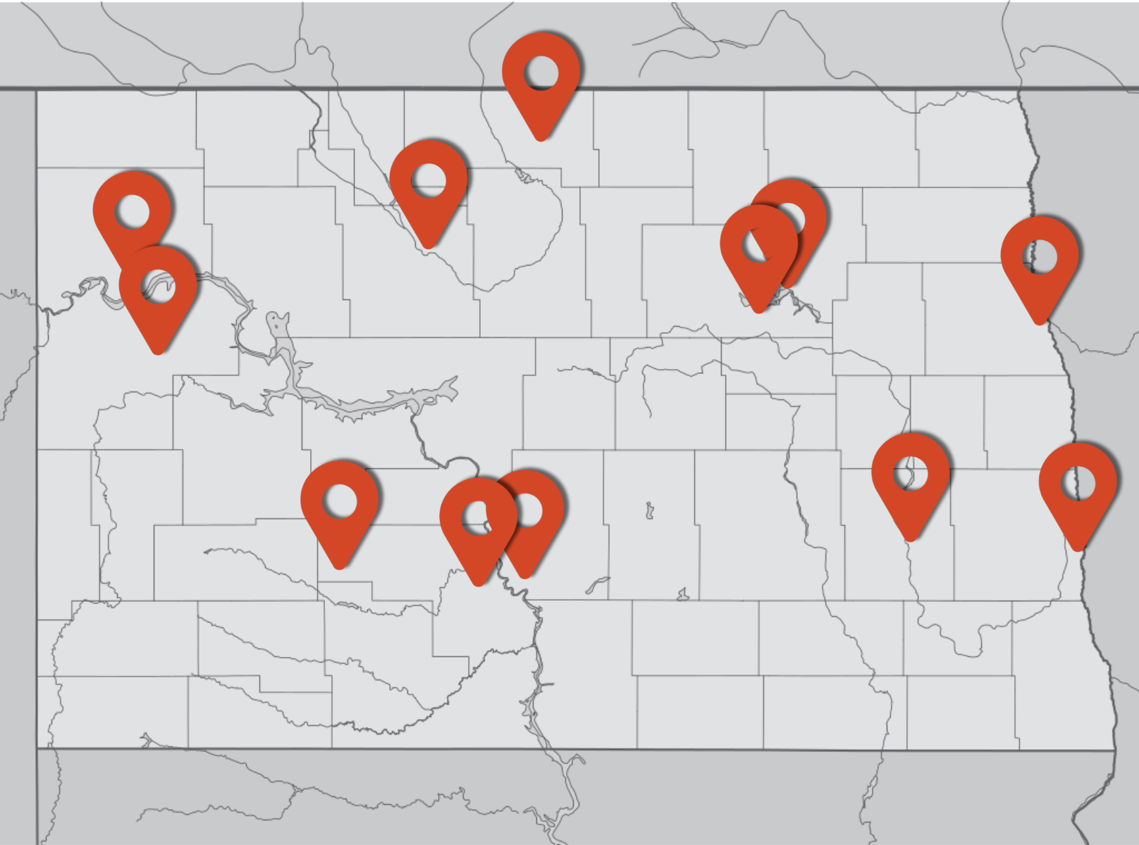 Map of North Dakota with pins all across the state showing youth advisory board membership representation