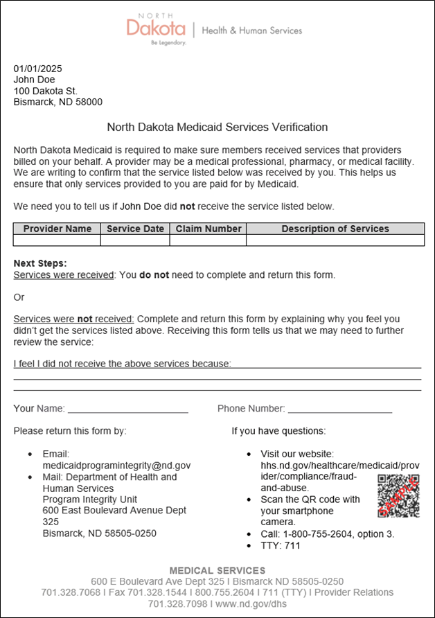 Screen shot of Medicaid Services Verification form