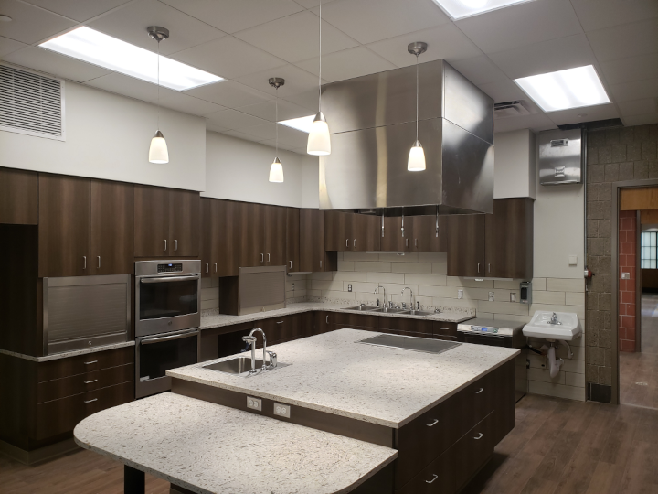 Residential building kitchen with commercial hood