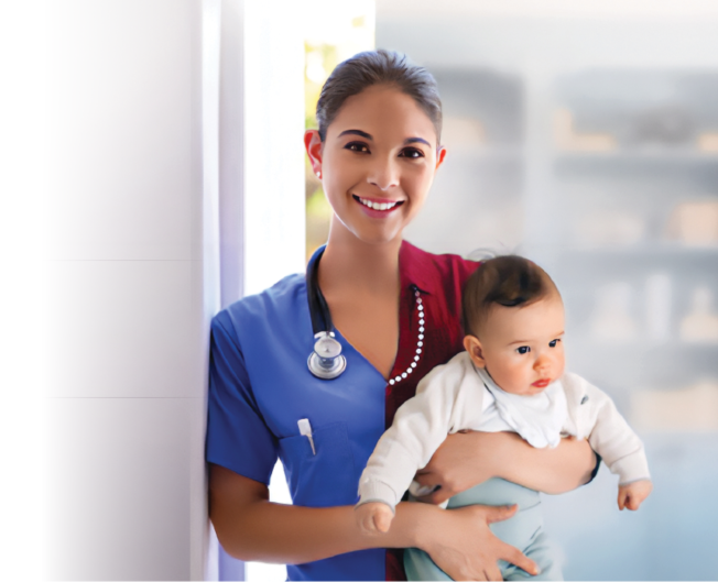 working mother holding baby