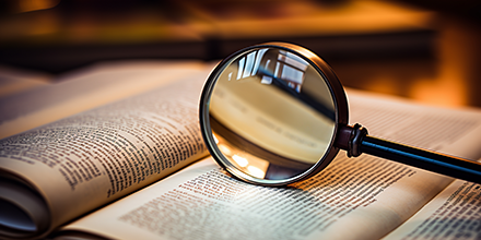 A magnifying glass laying on top of a book.