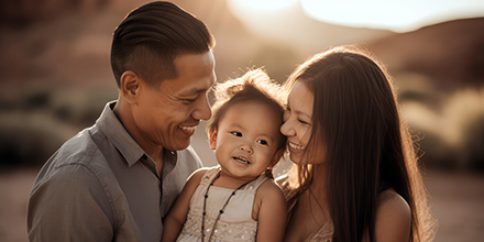 Native American man and woman both smiling at their little girl between them.