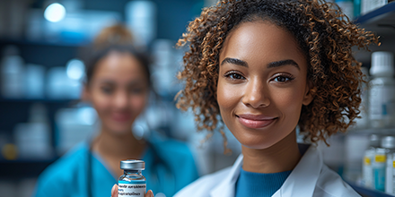 A provider holding up a vial of vaccine.