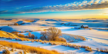 Sunrise over a snowy North Dakota landscape.