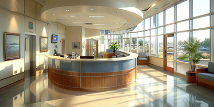 A medical center atrium with large windows and a front desk.