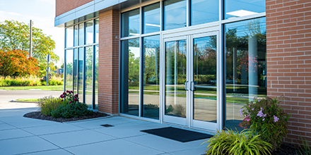 The front of a medical building surrounded by shrubs and trees.