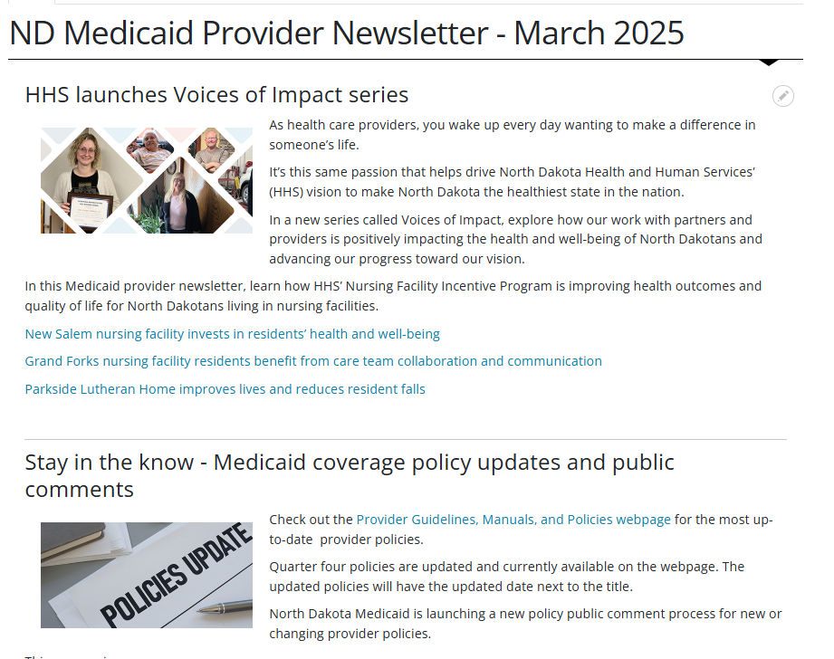 Screenshot of December Provider Newsletter