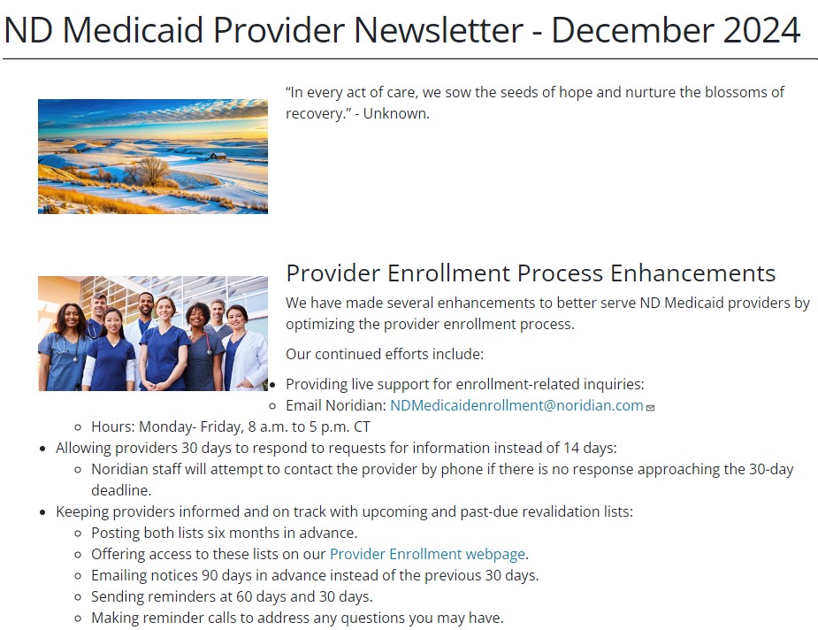 Screenshot of December Provider Newsletter