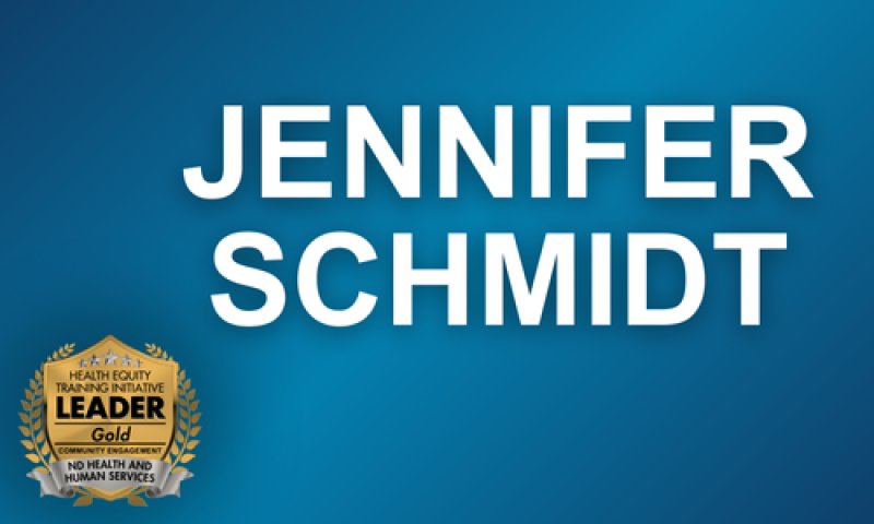 Gradient blue background with white text overlayed that says Jennifer Schmidt with a gold health equity recognition badge in the bottom left corner